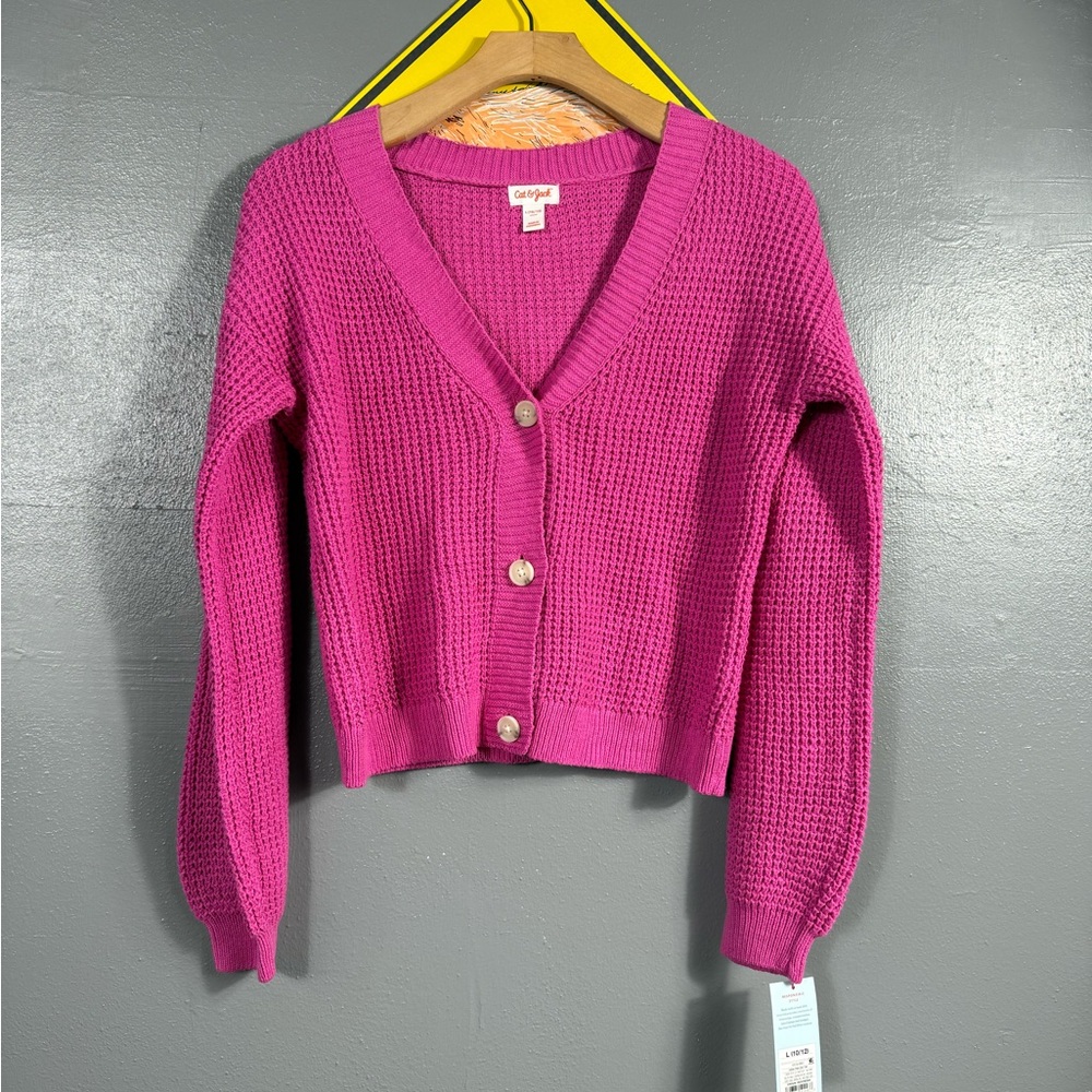 Cat & Jack Girls' Waffle Knit Cropped Cardigan-Magenta Pink-Size L (10/12) - NWT